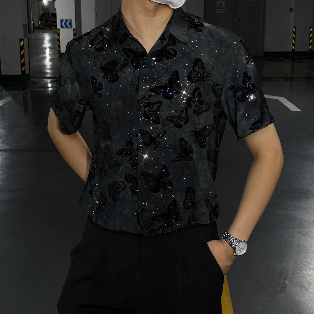 Butterfly Flocking Jacquard Short Sleeved Shirt