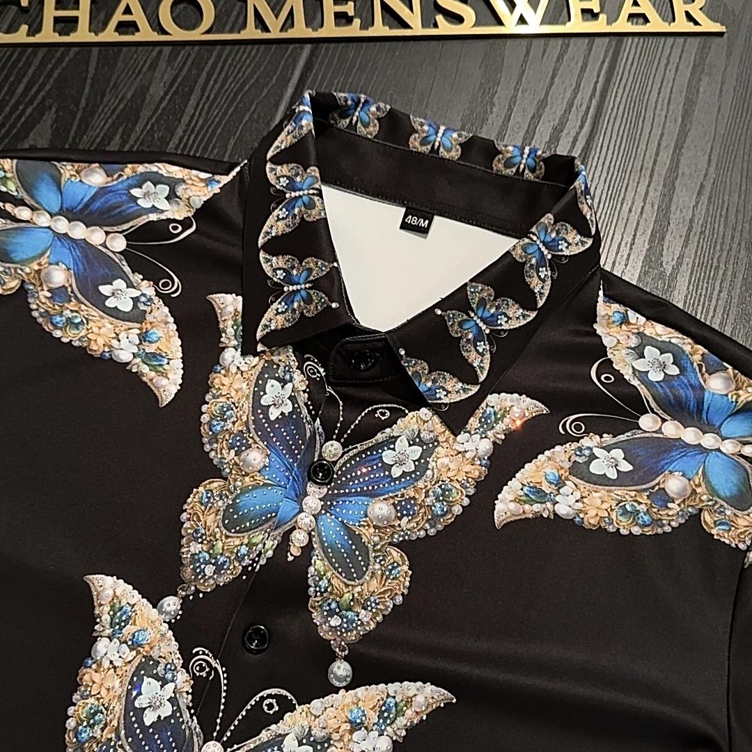 Heavy Industry Hot Stamping Elastic Butterfly Print Long Sleeved Shirt
