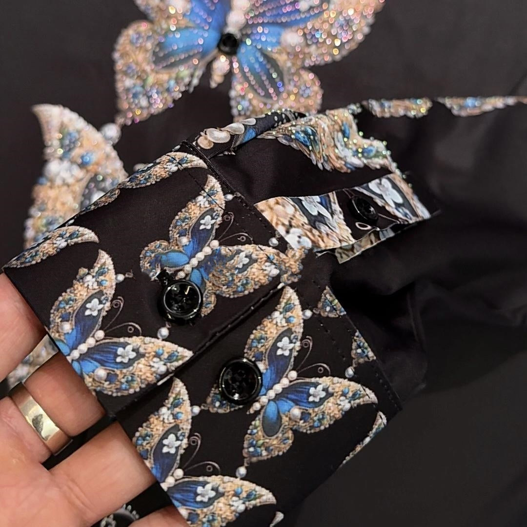 Heavy Industry Hot Stamping Elastic Butterfly Print Long Sleeved Shirt