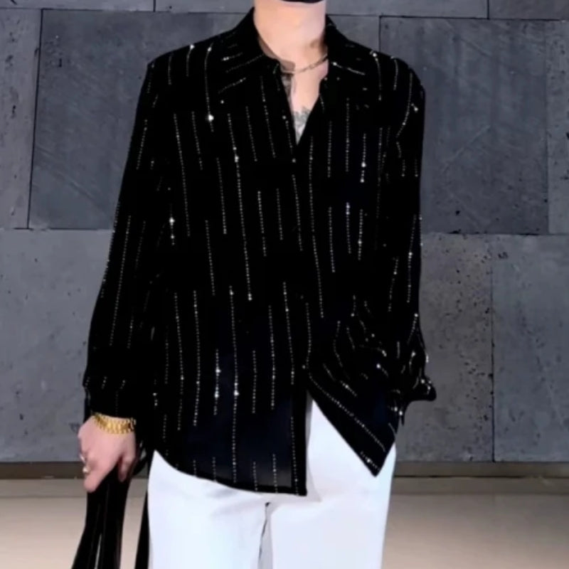 Trendy Rhinestone Loose Long Sleeved Shirt