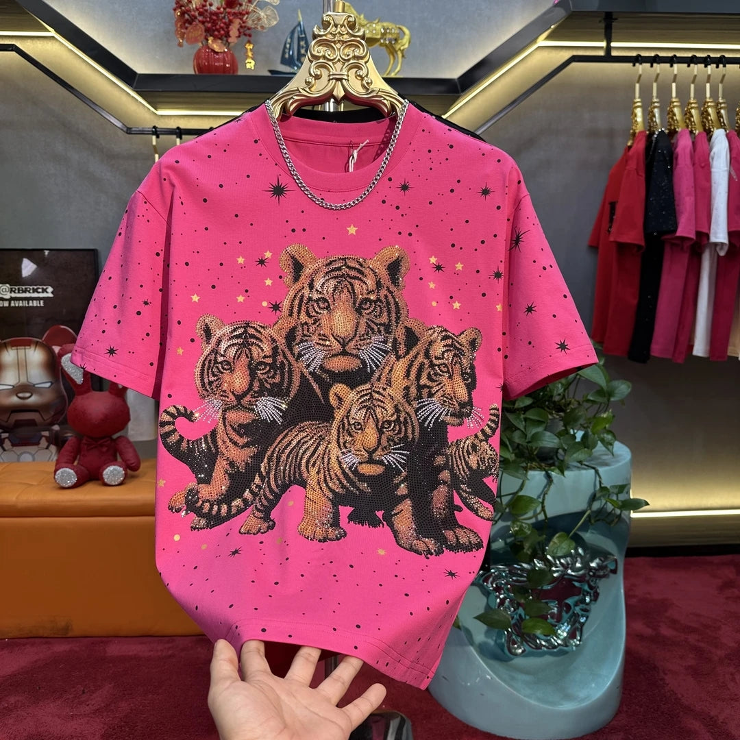 Men's High-quality Tiger Hot Stamping Diamond Light Luxury Short Sleeved Shirt