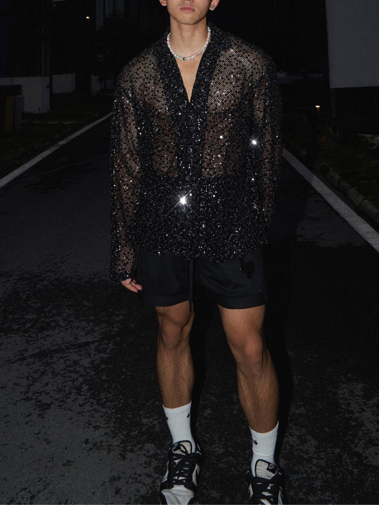 Sparkling Silver Sequin Hollowed Out Long Sleeved Shirt