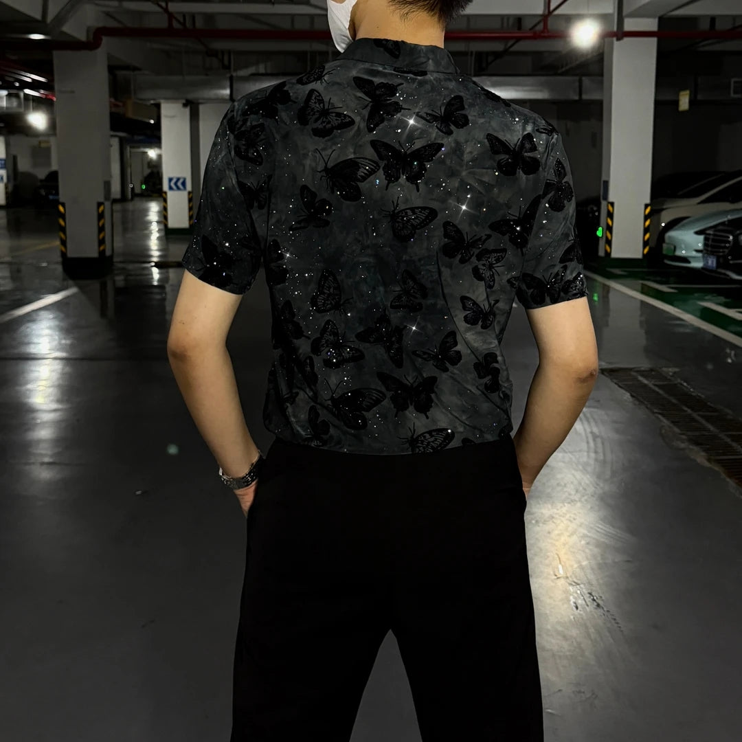 Butterfly Flocking Jacquard Short Sleeved Shirt