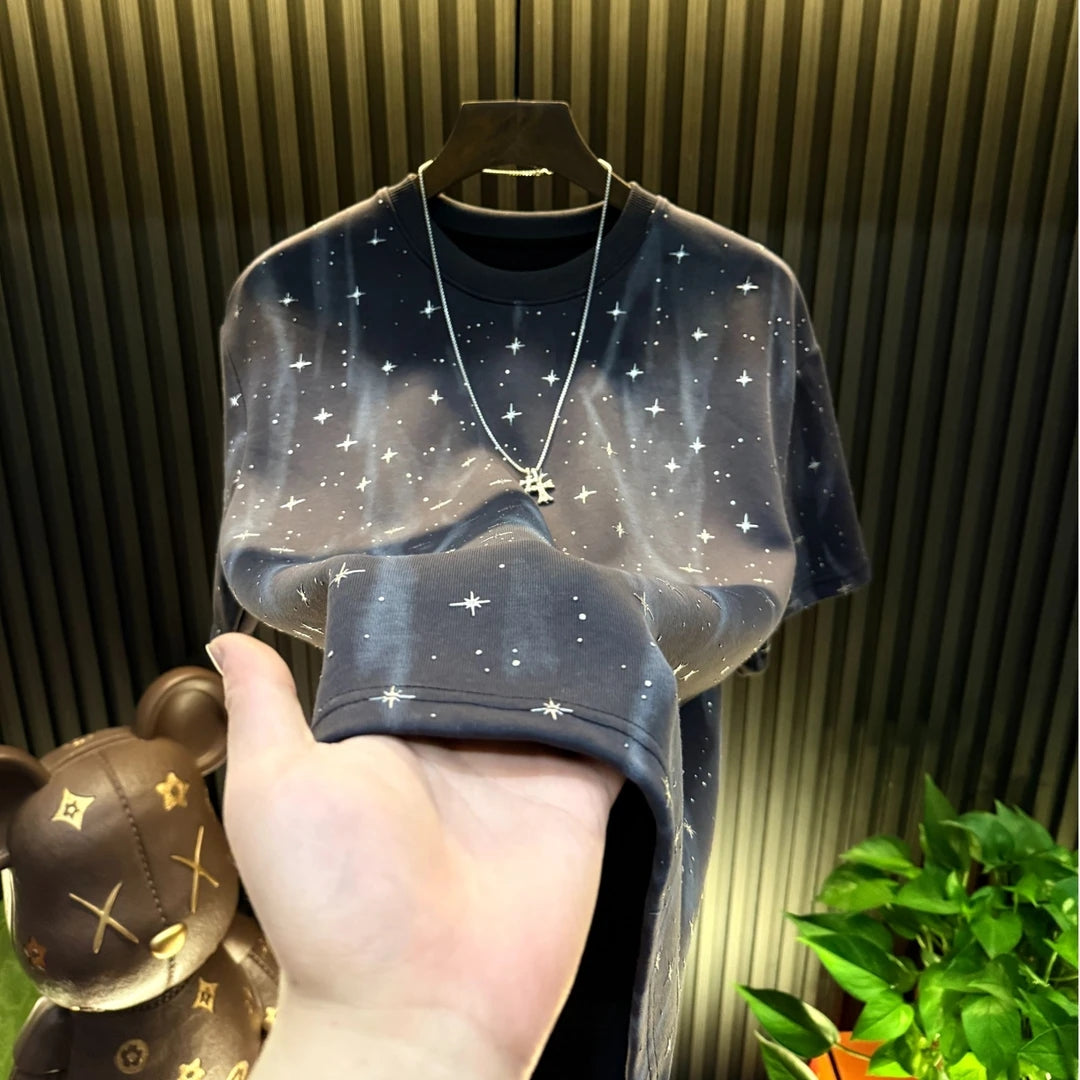 Men's High-quality Starry Sky Diamond Hot Stamping Light Luxury Short Sleeved Shirt
