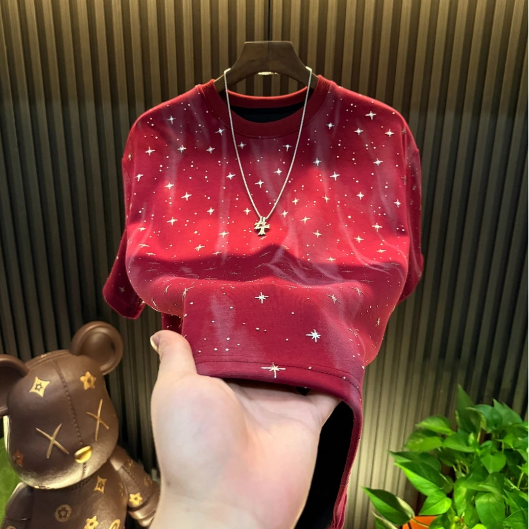 Men's High-quality Starry Sky Diamond Hot Stamping Light Luxury Short Sleeved Shirt