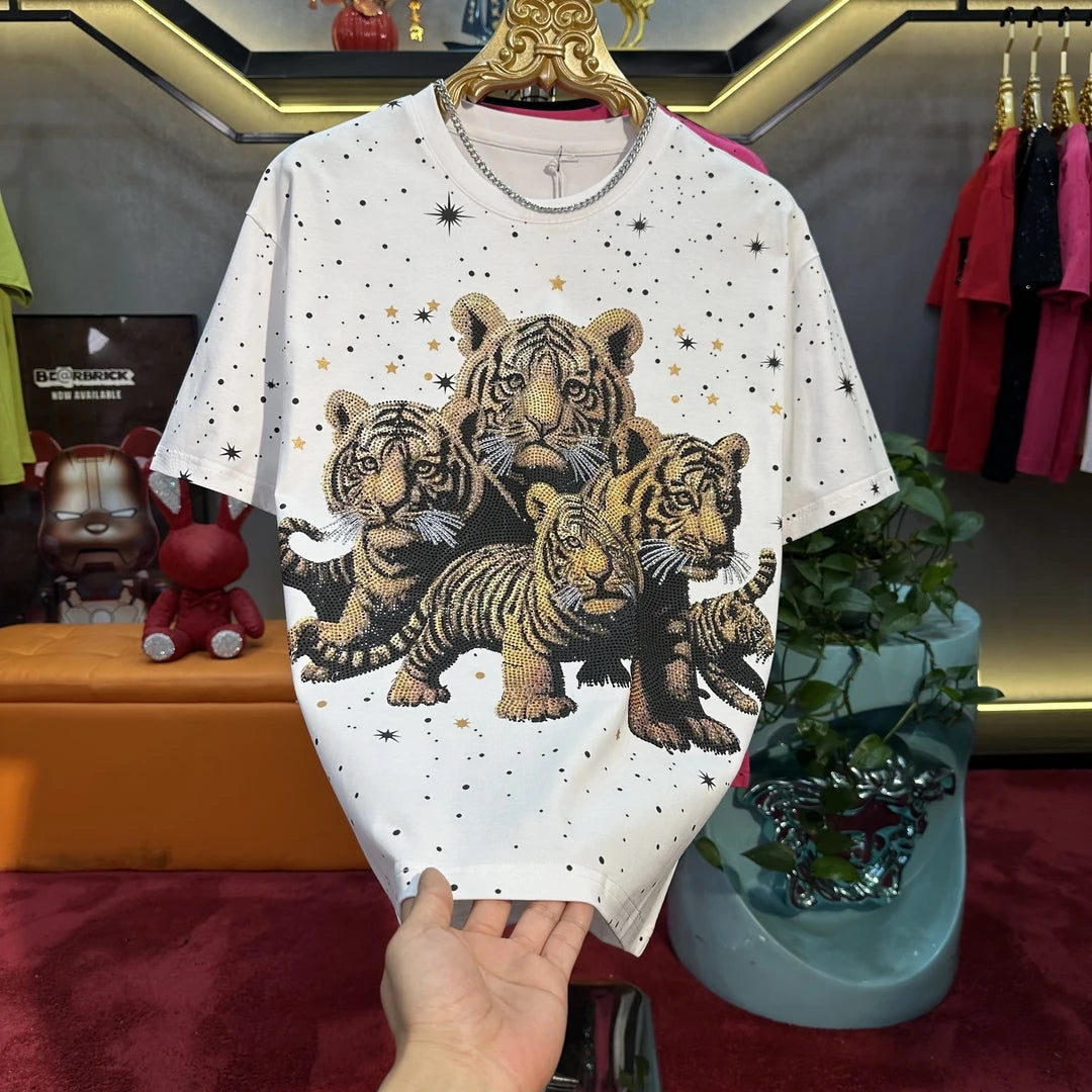 Men's High-quality Tiger Hot Stamping Diamond Light Luxury Short Sleeved Shirt