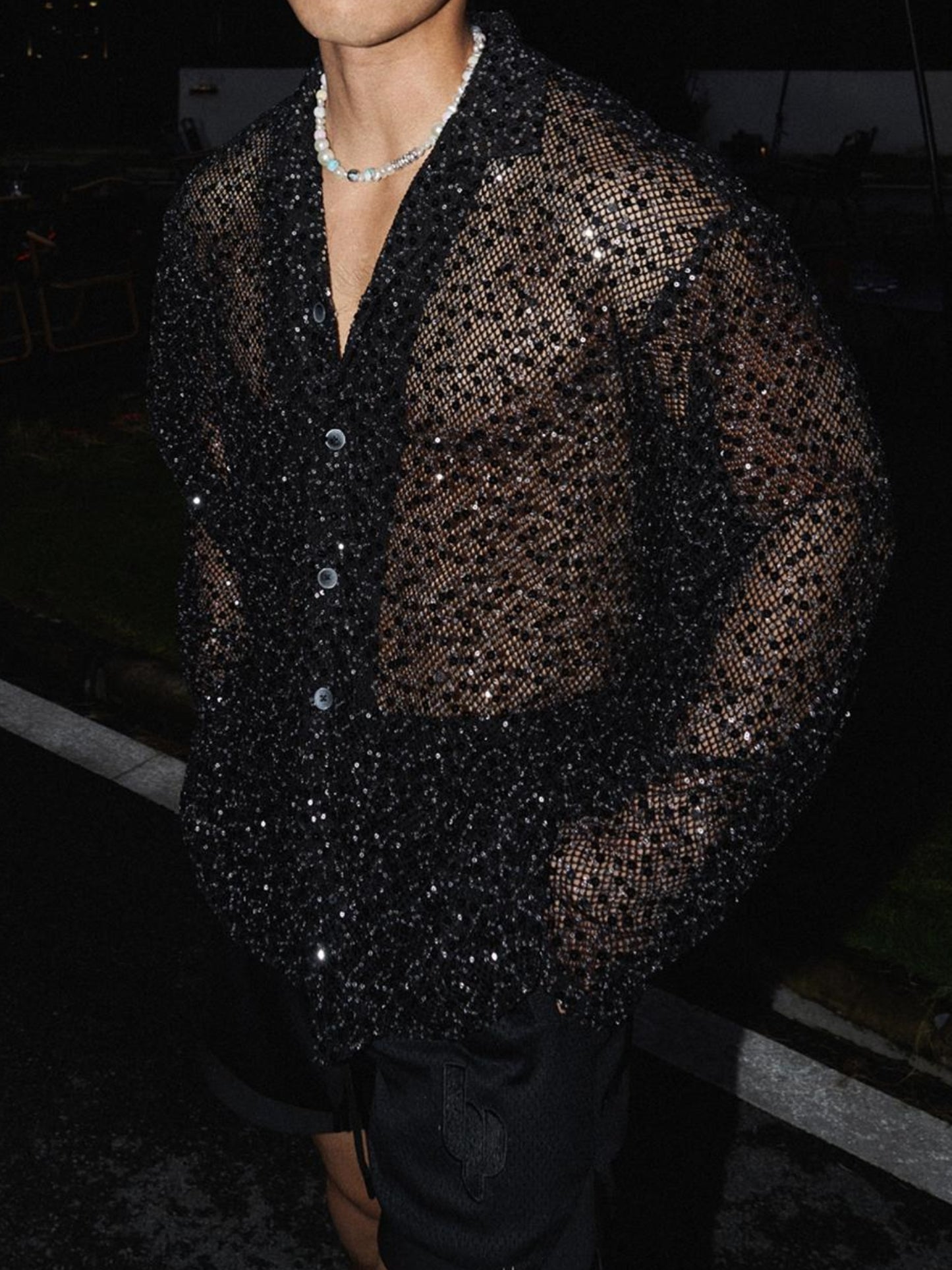 Sparkling Silver Sequin Hollowed Out Long Sleeved Shirt