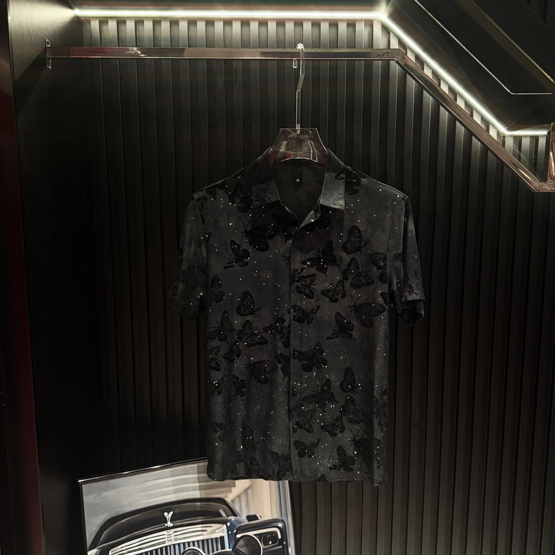 Butterfly Flocking Jacquard Short Sleeved Shirt