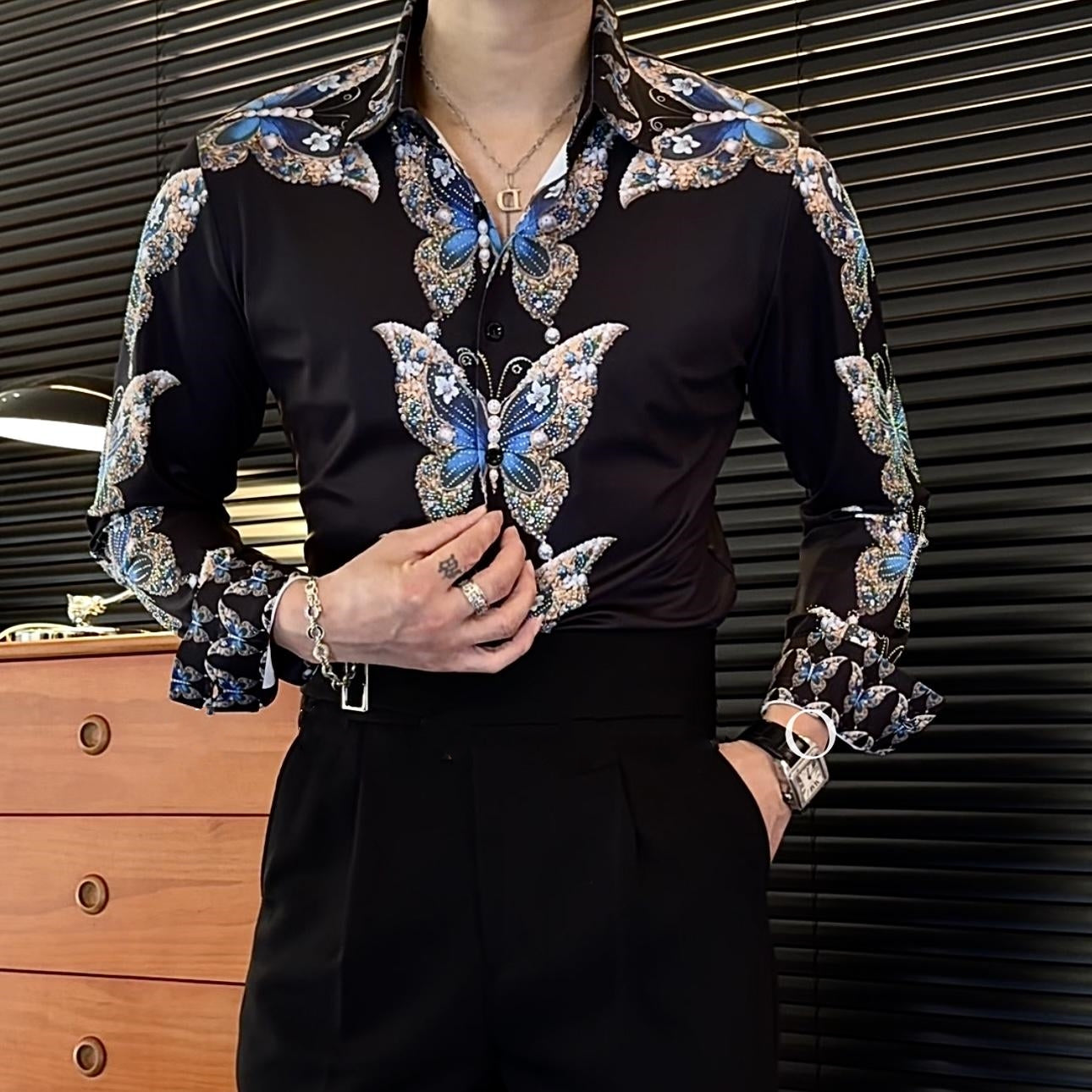 Heavy Industry Hot Stamping Elastic Butterfly Print Long Sleeved Shirt