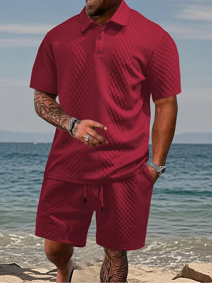 Men's Jacquard Casual Lapel Shorts Set