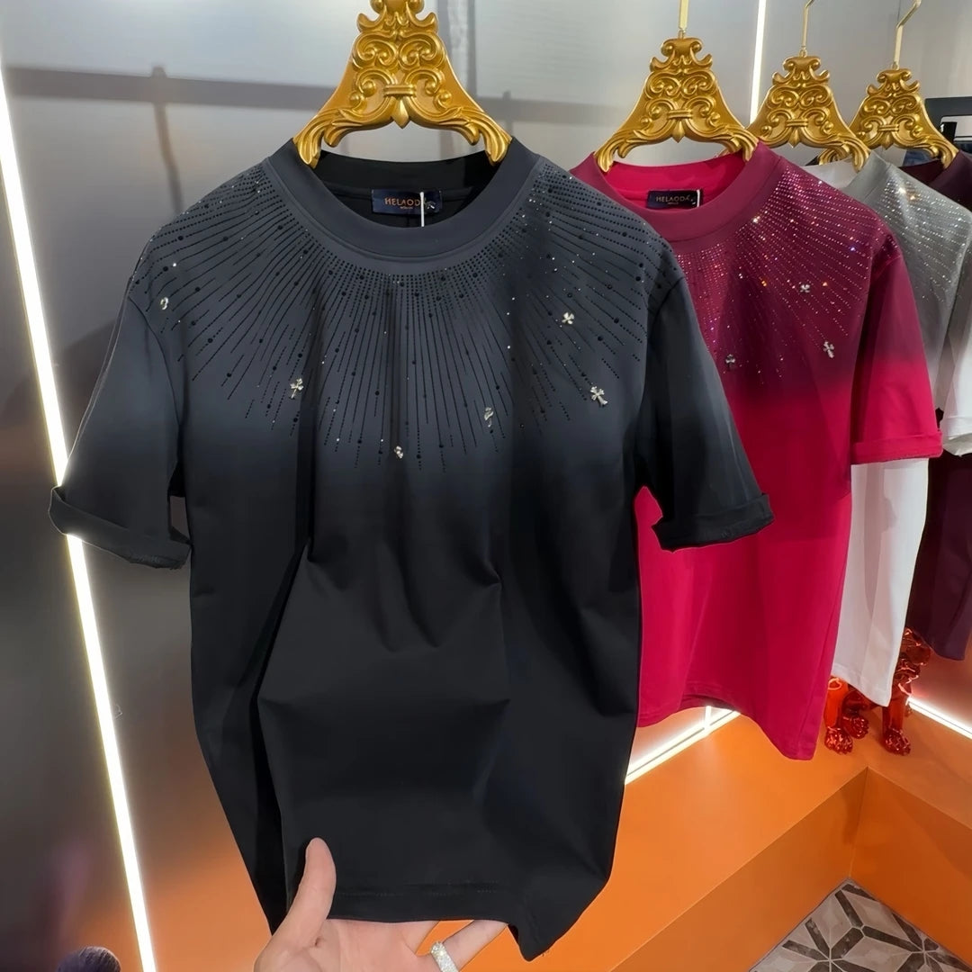 Men's Light Luxury Heavy Craftsmanship Starry Sky Hot Diamond Short Sleeve
