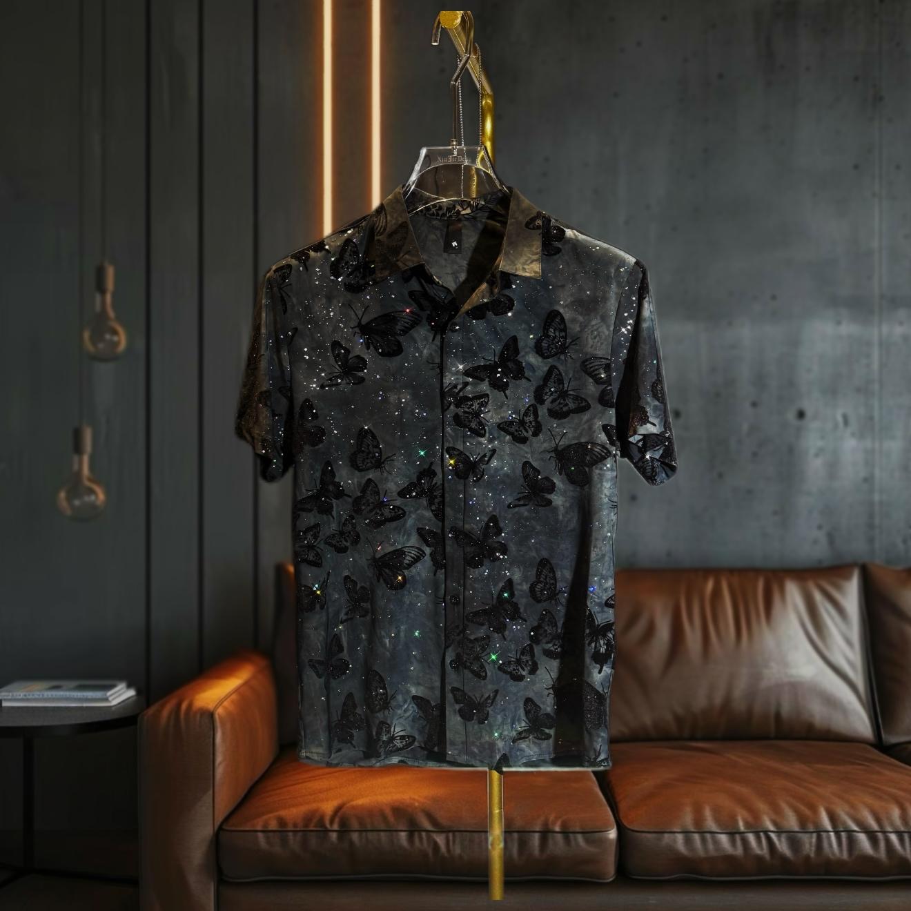 Butterfly Flocking Jacquard Short Sleeved Shirt
