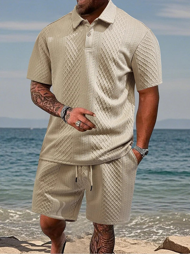 Men's Jacquard Casual Lapel Shorts Set