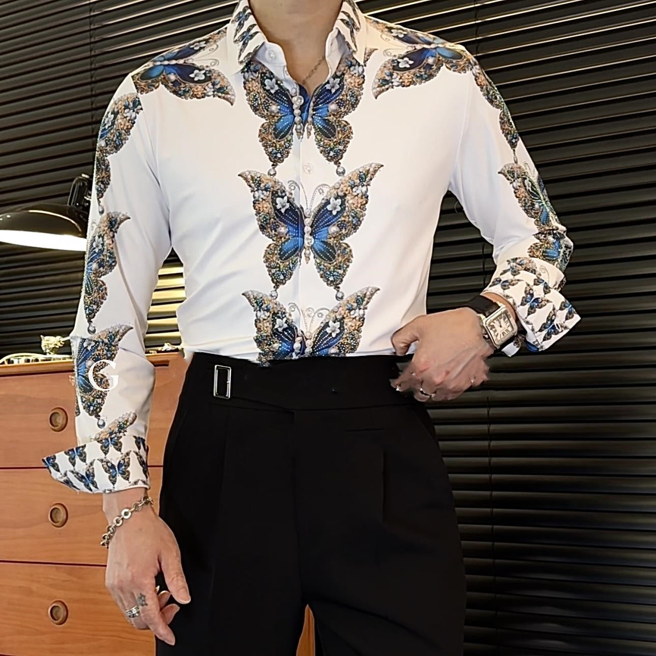 Heavy Industry Hot Stamping Elastic Butterfly Print Long Sleeved Shirt