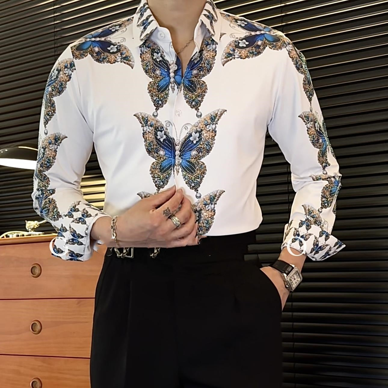 Heavy Industry Hot Stamping Elastic Butterfly Print Long Sleeved Shirt