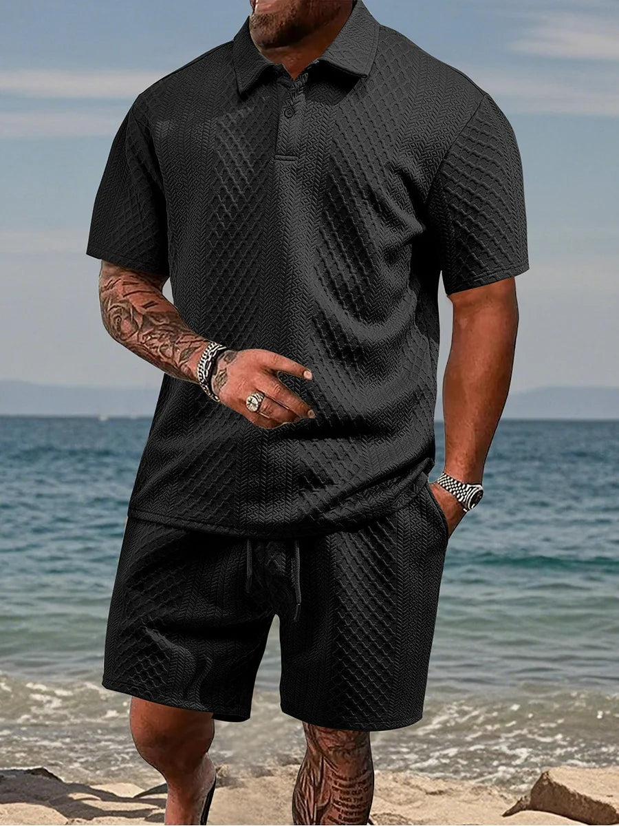 Men's Jacquard Casual Lapel Shorts Set