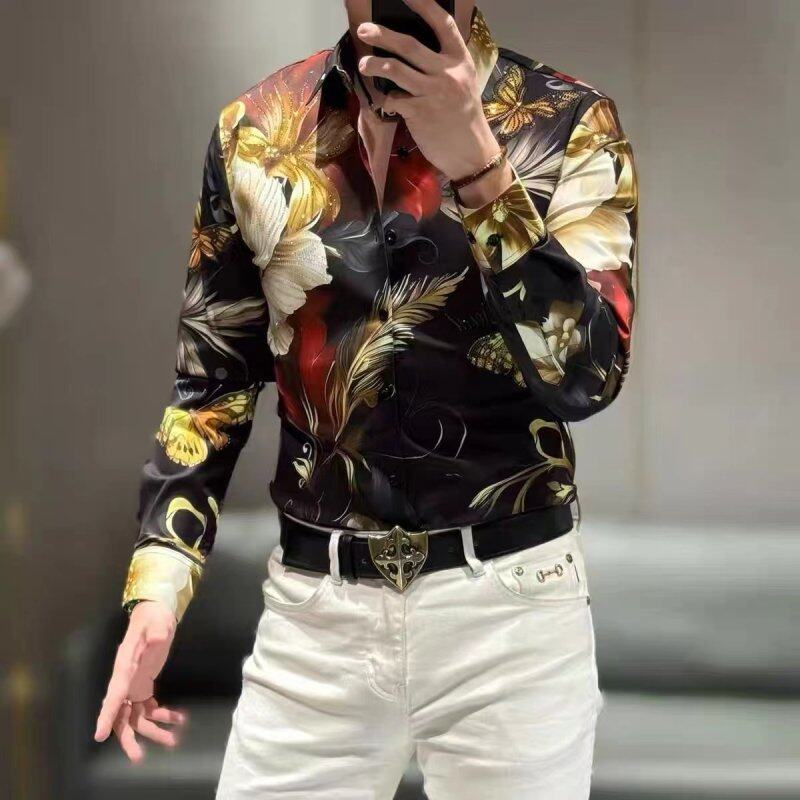 Men's high-end butterfly patterned light luxury iron free shirt
