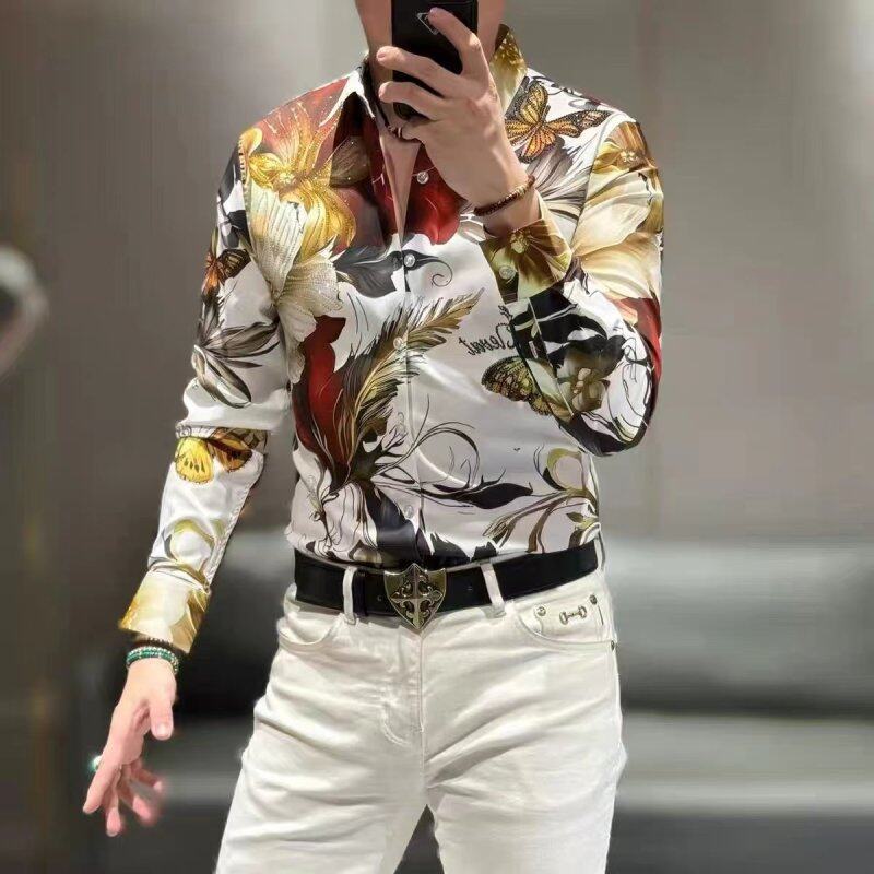 Men's high-end butterfly patterned light luxury iron free shirt