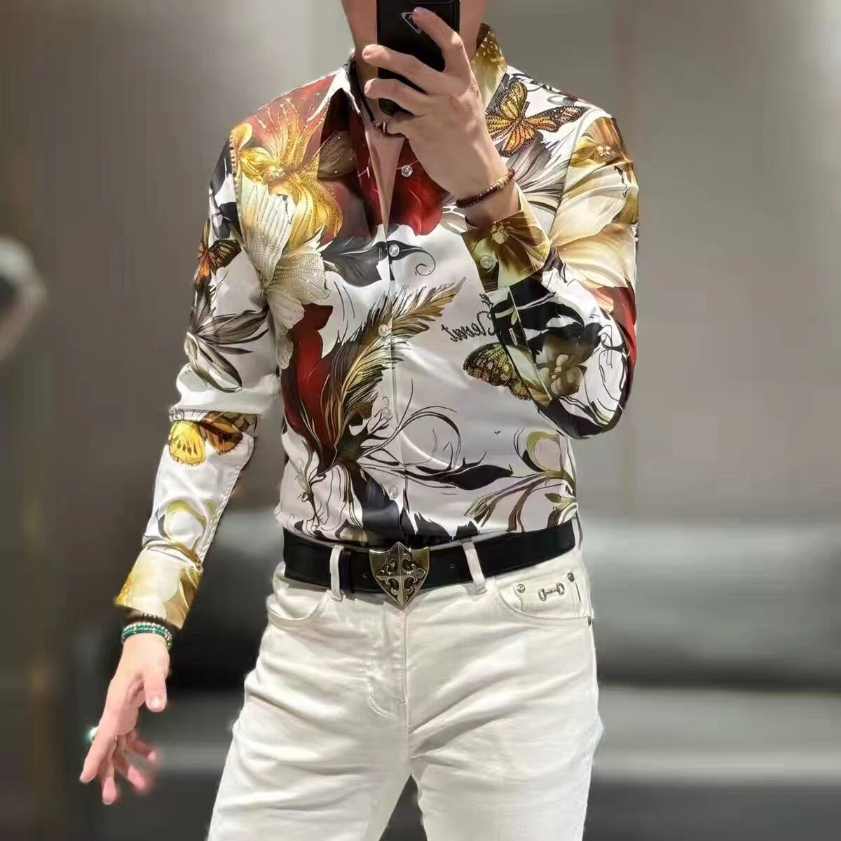 Men's high-end butterfly patterned light luxury iron free shirt