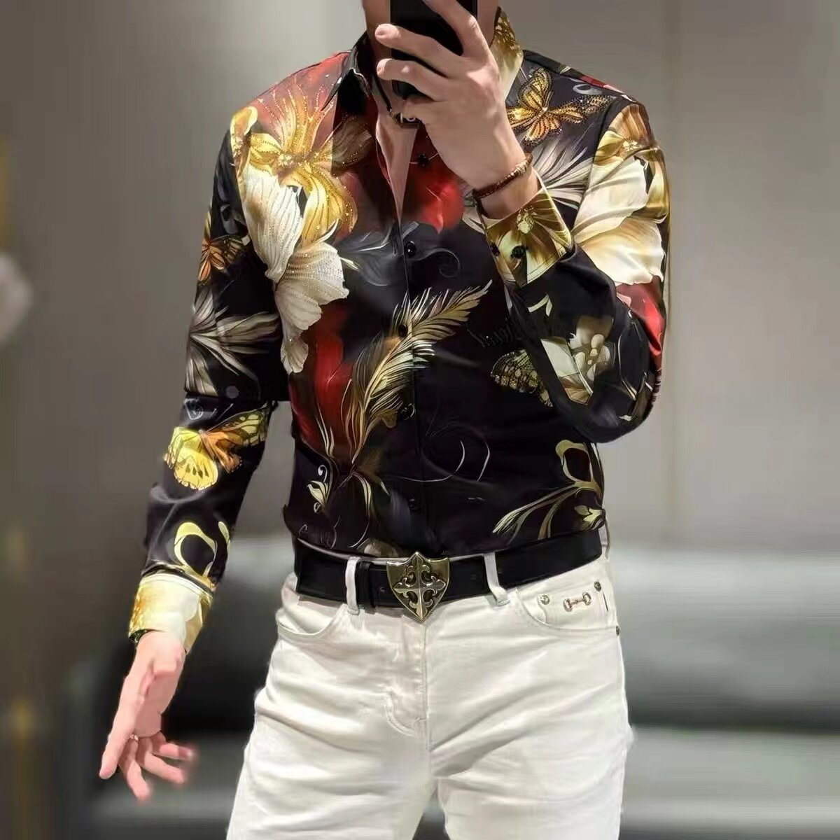 Men's high-end butterfly patterned light luxury iron free shirt