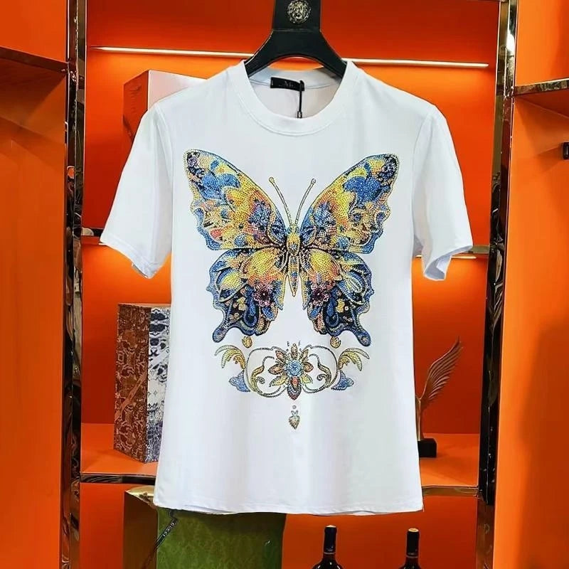 Men's Colorful Diamond Tie Dye Three-dimensional Butterfly Short Sleeved Shirt
