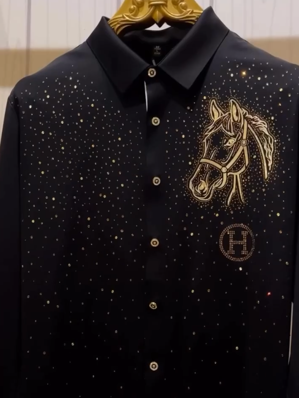 Black Gold Diamond Studded Casual Long Sleeved Shirt