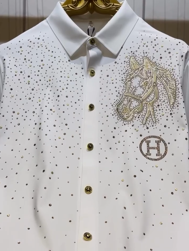 Black Gold Diamond Studded Casual Long Sleeved Shirt