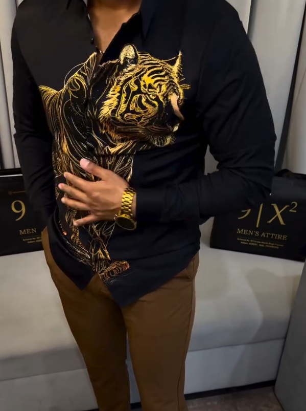 Men's Shiny Gold Tiger Long Sleeved Shirt