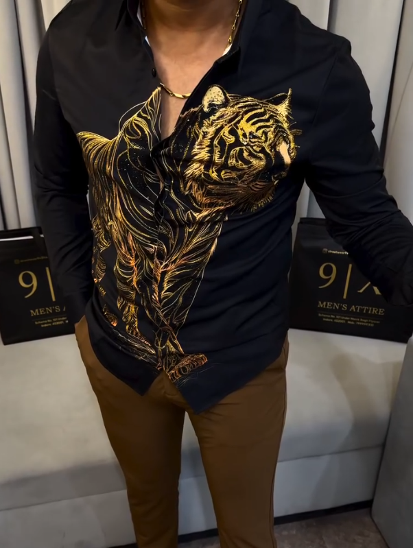 Men's Shiny Gold Tiger Long Sleeved Shirt