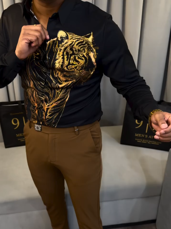 Men's Shiny Gold Tiger Long Sleeved Shirt