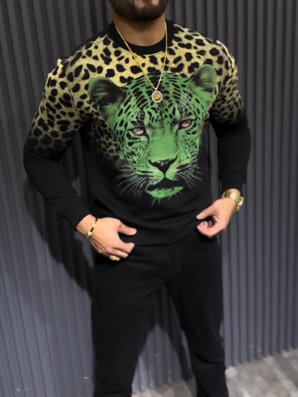 Men's Leopard Head Sparkling Diamond Pullover Hoodie