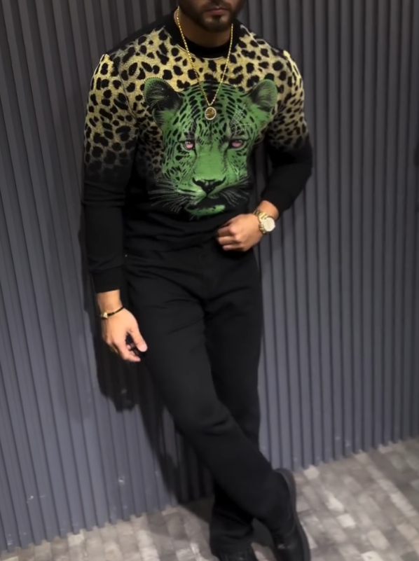 Men's Leopard Head Sparkling Diamond Pullover Hoodie
