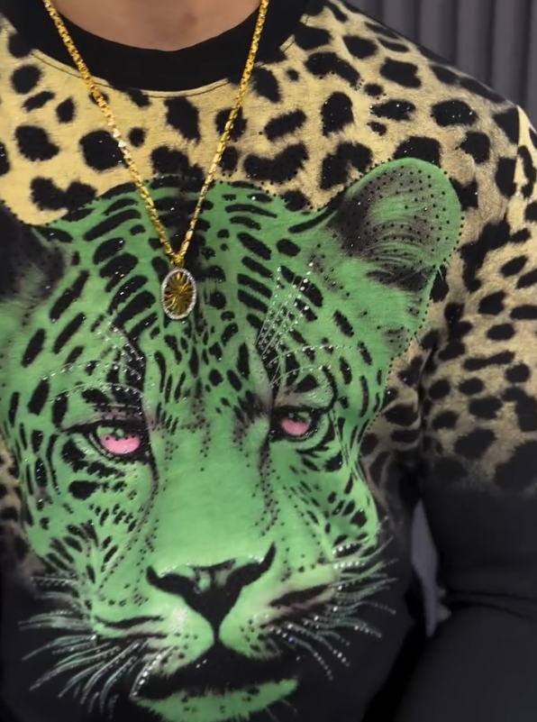 Men's Leopard Head Sparkling Diamond Pullover Hoodie