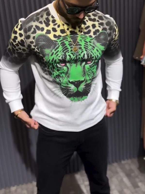 Men's Leopard Head Sparkling Diamond Pullover Hoodie