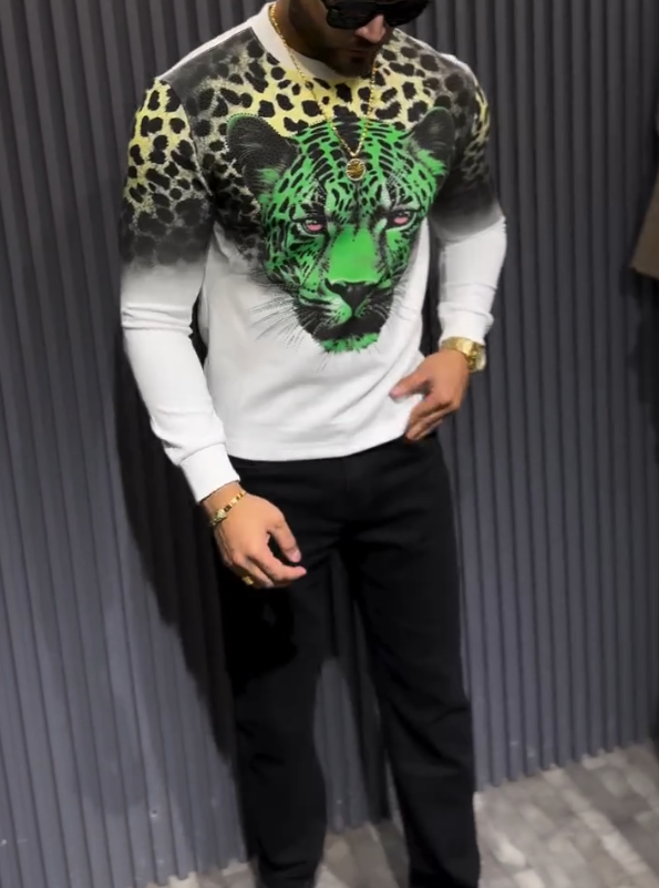 Men's Leopard Head Sparkling Diamond Pullover Hoodie