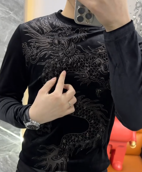 Dragon Pattern Glitter Velvet Long Sleeved Shirt