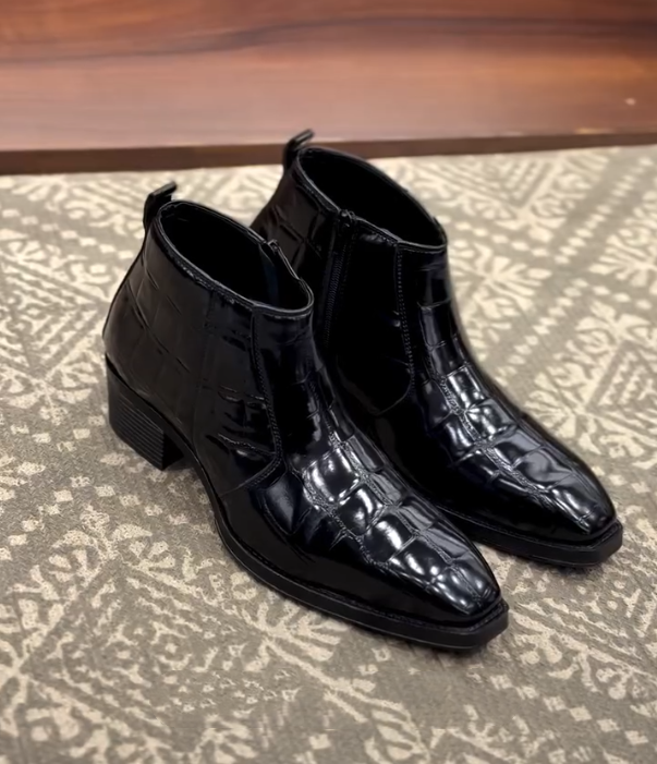 Black Croc-Embossed Ankle Boots