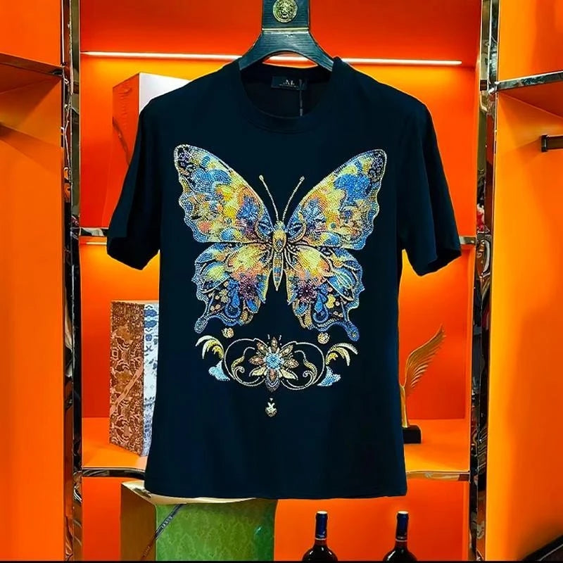 Men's Colorful Diamond Tie Dye Three-dimensional Butterfly Short Sleeved Shirt