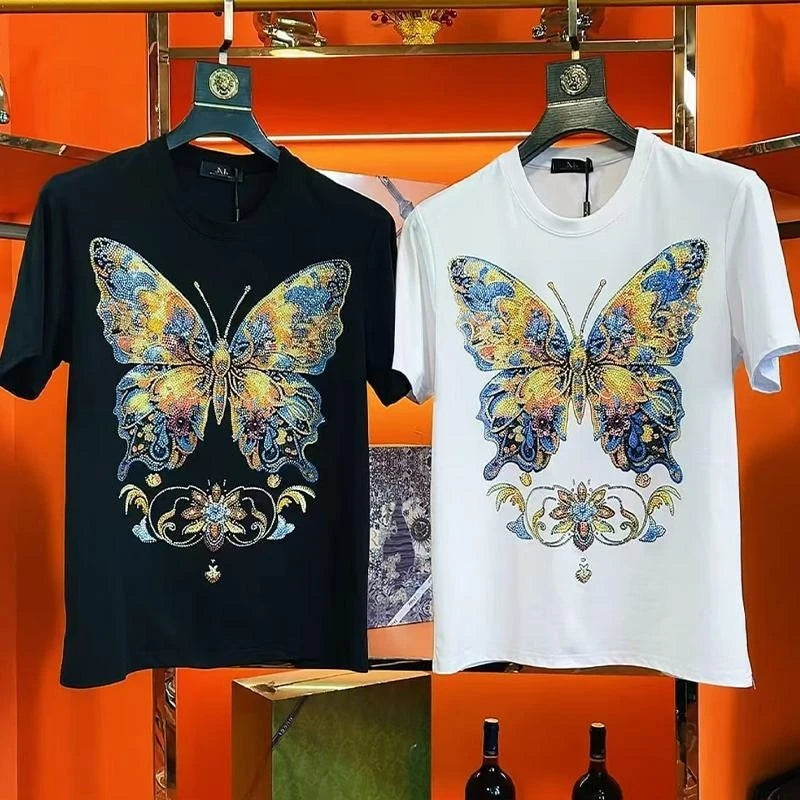 Men's Colorful Diamond Tie Dye Three-dimensional Butterfly Short Sleeved Shirt