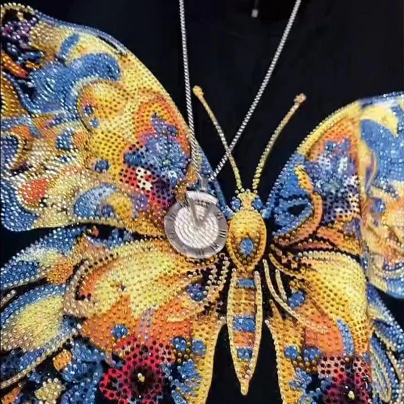 Men's Colorful Diamond Tie Dye Three-dimensional Butterfly Short Sleeved Shirt