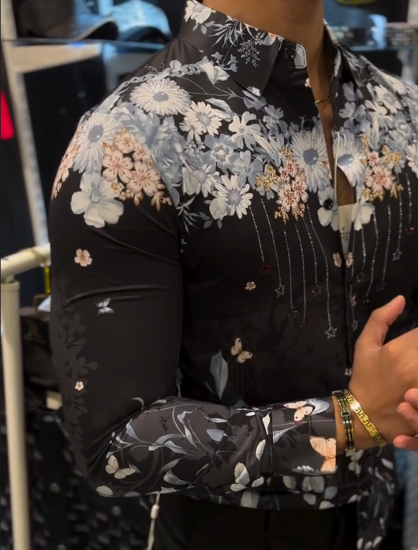 Men's Floral Diamond Studded Tassel Shirt