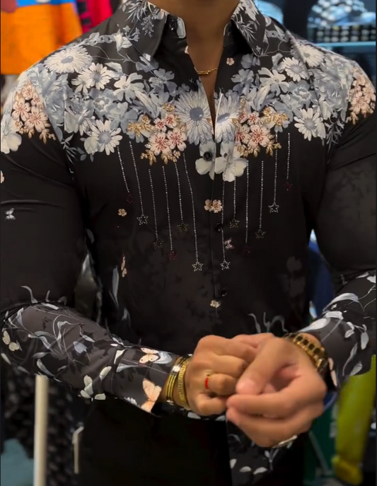 Men's Floral Diamond Studded Tassel Shirt