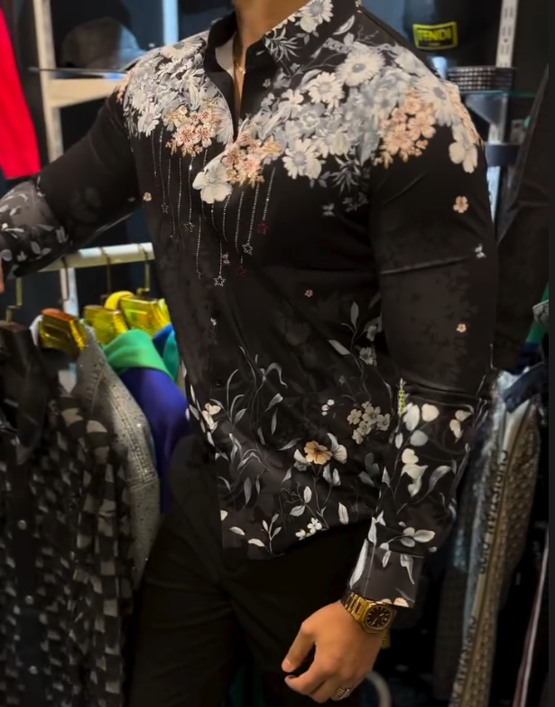 Men's Floral Diamond Studded Tassel Shirt