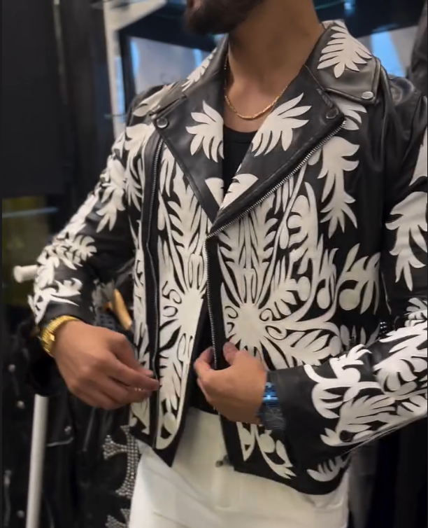Men's White Floral Pattern Leather Jacket