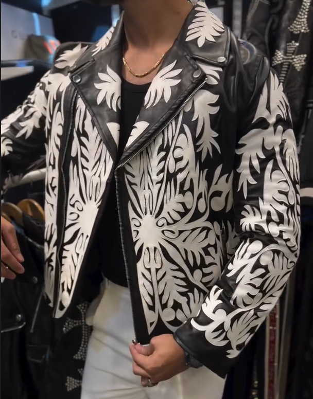 Men's White Floral Pattern Leather Jacket
