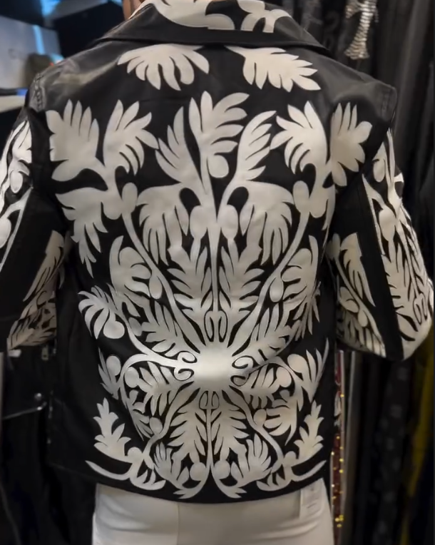 Men's White Floral Pattern Leather Jacket