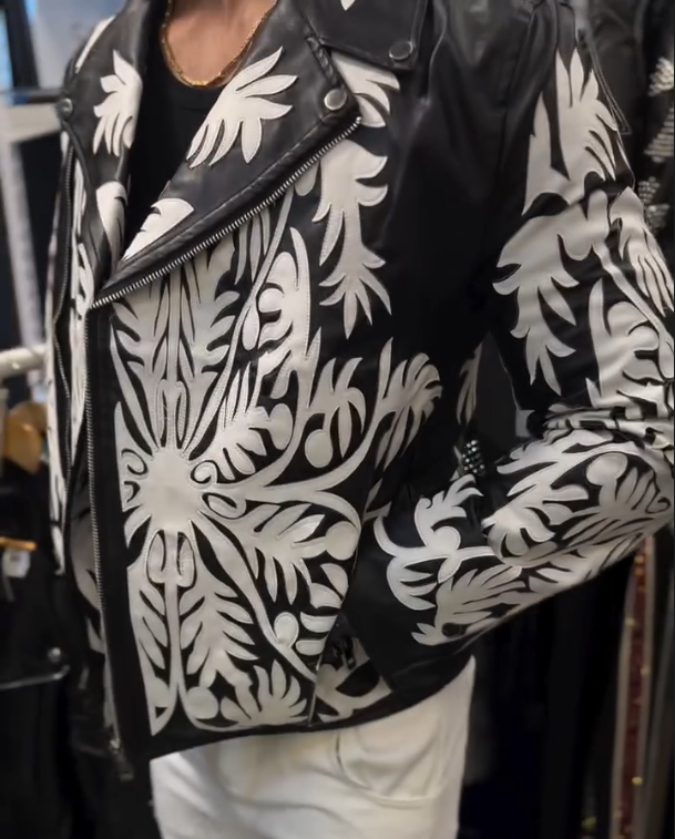 Men's White Floral Pattern Leather Jacket