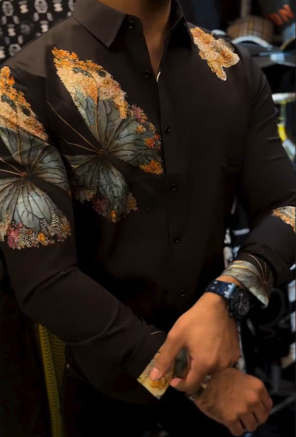 Men's Butterfly Printed Diamond Studded Shirt