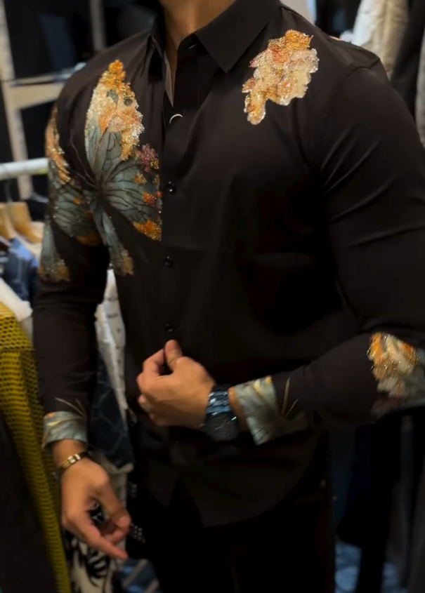 Men's Butterfly Printed Diamond Studded Shirt