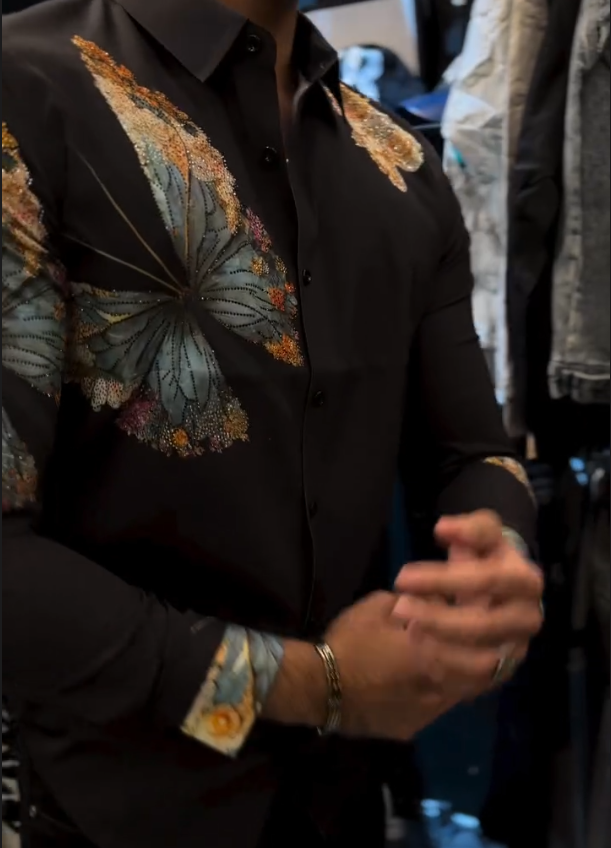 Men's Butterfly Printed Diamond Studded Shirt
